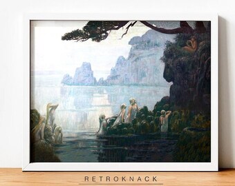 Antiek olieverfschilderij zeemeerminneneiland | Afdrukbare muurkunst | Zeemeermindecoratie | Zeemeermin kunstprint digitaal | PT27