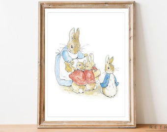 Peter Rabbit Sisters & Mom | Impressions Beatrix Potter | Décoration de chambre d'enfant | Art mural imprimable | NU15