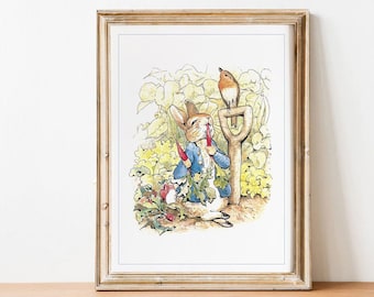 Impression Beatrix Potter | Art mural imprimable PETER RABBIT mange des carottes | Décoration de chambre d'enfant en téléchargement numérique | NU1