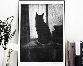 Black Cat Print | PRINTABLE Wall Art | Antique Etching, Cat At The Window | BW3