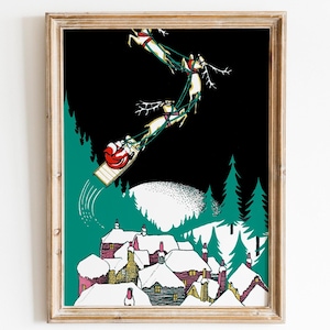 Arte de parede para impressão de Natal | Voo de trenó do Papai Noel sobre a cidade nevada | Download digital de decoração de casa de Natal | XC5