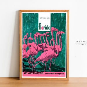 FLORIDA Print, Flamingo Decor | Printable Wall Art | Vintage Travel Poster | Mid Century Modern Decor | TP25