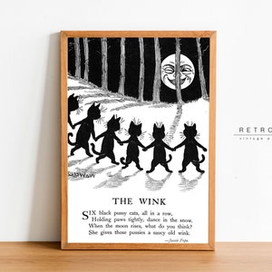 Volle maan en kittens | Afdrukbare muurkunst, The Wink Louis Wain-print | Zwarte kattenprint | Halloween-download | ZW2