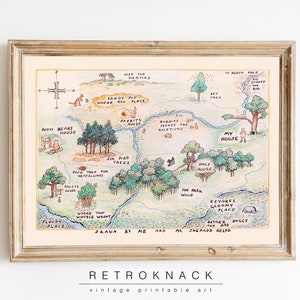 Mapa para impressão em madeira de 100 acres do Winnie The Pooh | Ilustração vintage para quarto infantil e decoração de berçário da floresta | NU39