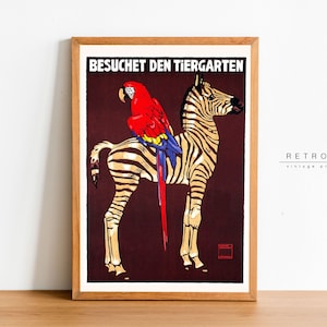 Cartel del ZOO de Berlín Cebra y loro / Arte de pared imprimible / Impresión publicitaria alemana vintage de 1900 / Descarga digital / VP74