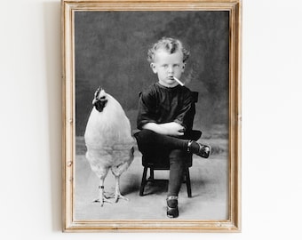 BIZARRE Wall Art! Boy Smoking with Chicken Rooster Pet Printable Vintage PHOTO | Weird Child Photo Digital Print