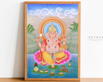 Lord GANESHA Painting | Printable Wall Art Lord Ganesh On Lotus | Spiritual Art | Hindu Altar Art | Instant Download | PT27