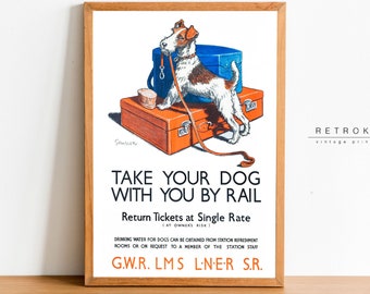 Wire Fox Terrier Printable Wall Art | UK Travel Poster | Vintage Rail Ad Travel By Train With Dogs | TP8