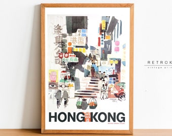 Hong Kong Poster | Printable Wall Art Mid Century Modern | Vintage 60’s Travel Poster | Asian Art, Watercolor | TP13