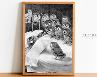 Cats Nightmare Louis Wain Print | Printable Wall Art Cats & Owls | Black And White Art | Digital Download | BW1