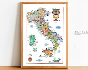 May include: A vintage-style illustrated map of Italy with colorful regions and cities labeled in Italian. The map is framed in a light wood frame and has the text "RETROKNACK vintage printable art" in the bottom right corner.