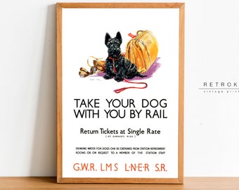 Scottie Dog Print | Printable Wall Art | Vintage Travel Poster UK Railroad | Scottish Terrier Mom Gift | TP6