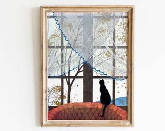 Arte de gato negro, gatito en la ventana / Arte mural imprimible / Retrato de gato / Impresión de gato / Descarga digital vintage / VP7