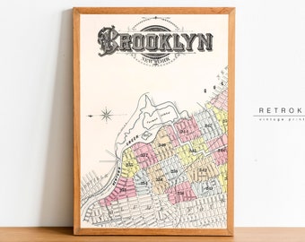 Antyczna mapa Brooklynu | Vintage drukowana grafika ścienna | Wydruk Nowego Jorku z XIX wieku | Pobieranie cyfrowe | EP17