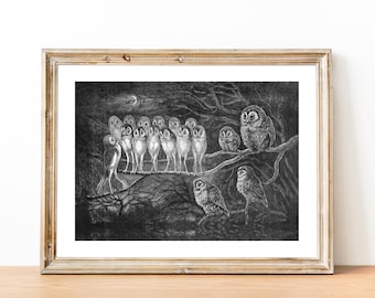 Jury Of Owls Louis Wain's Print | Printable Wall Art | Owl Etching | Black And White Art Anthropomorphic | BW4