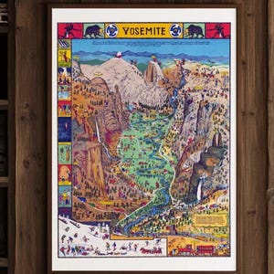 May include: A framed Yosemite National Park map print hangs above a brown leather armchair. The colorful map features illustrations of the park's landmarks. The room has wooden walls and a bookshelf filled with books.