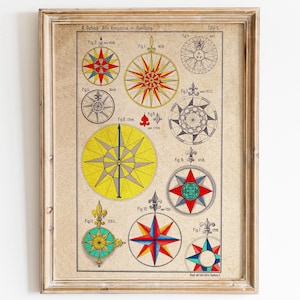 Può includere: Una stampa vintage incorniciata con vari disegni di bussola in rosso, giallo, blu e verde. La stampa include testo in tedesco, date e figure. L'opera d'arte è esposta in una cornice di legno marrone chiaro.