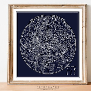 Mapa de las constelaciones del sur / Arte imprimible de abril a julio Esquí / Decoración celestial / Mapa de estrellas antiguo Imprimir Descarga digital / EP6