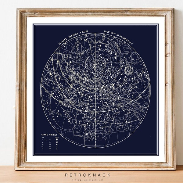 South Constellations Map | Printable Art July to Oct Ski | Celestial Decor | Antique Star Map Print Digital Download | EP7