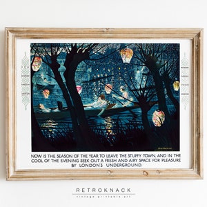 Fiesta de faroles en el río / Arte mural imprimible / Arte del metro de Londres / Láminas art déco de los años 20 / Póster de viaje / TP21