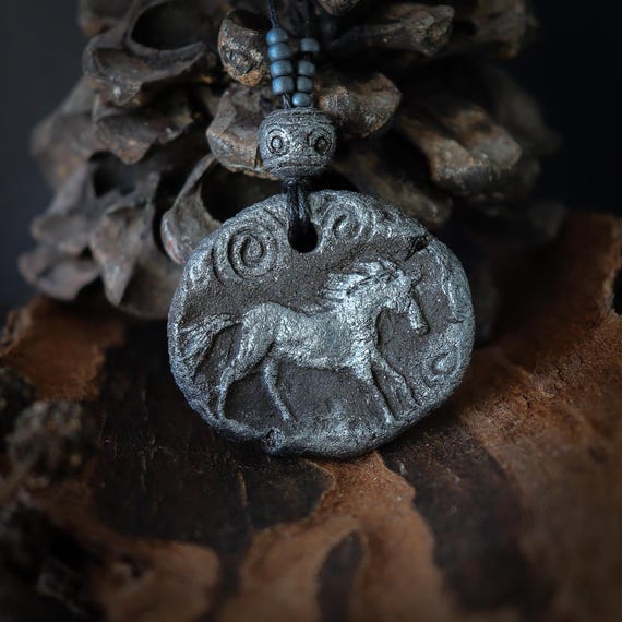 Horse Spirit Animal Necklace: Handcrafted Ceramic Pendant in Silver colour, Finnish Folklore
