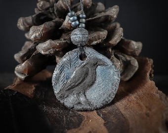 Blue Moon Raven Necklace: Ceramic Pagan Gothic Jewelry