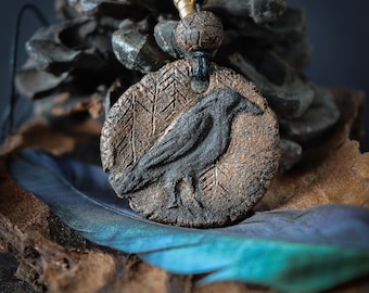 Ceramic Moon Raven Necklace: Gothic Bohemian Spirit Animal Jewelry
