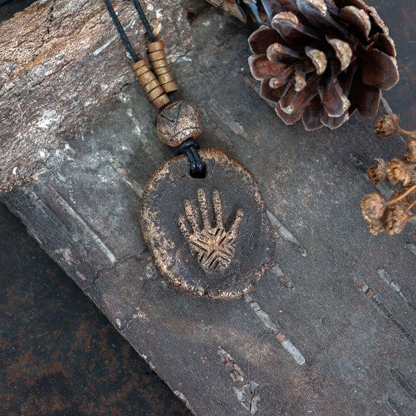 Hand print necklace - Rock art necklace - Shamanistic ceramic necklace - Unisex pagan necklace - Stone age necklace