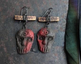Ukko earrings, ancient deity earrings, ceramic earrings, rustic boho earrings, strength amulet earrings, black ceramic earrings