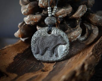 Moon Bear Necklace in Silver colour: Ceramic Spirit Animal Pendant