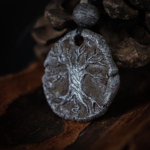 Silver World Tree Necklace: Ceramic Pendant, Adjustable Cotton Cord