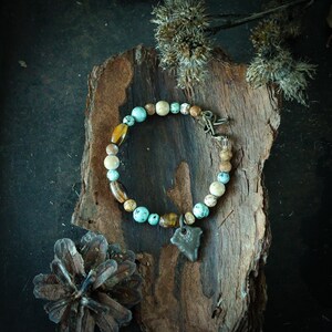 Stone Age Bear Amulet Bracelet: Wood Agate, Turquoise, Tiger Eye - 19+ cm