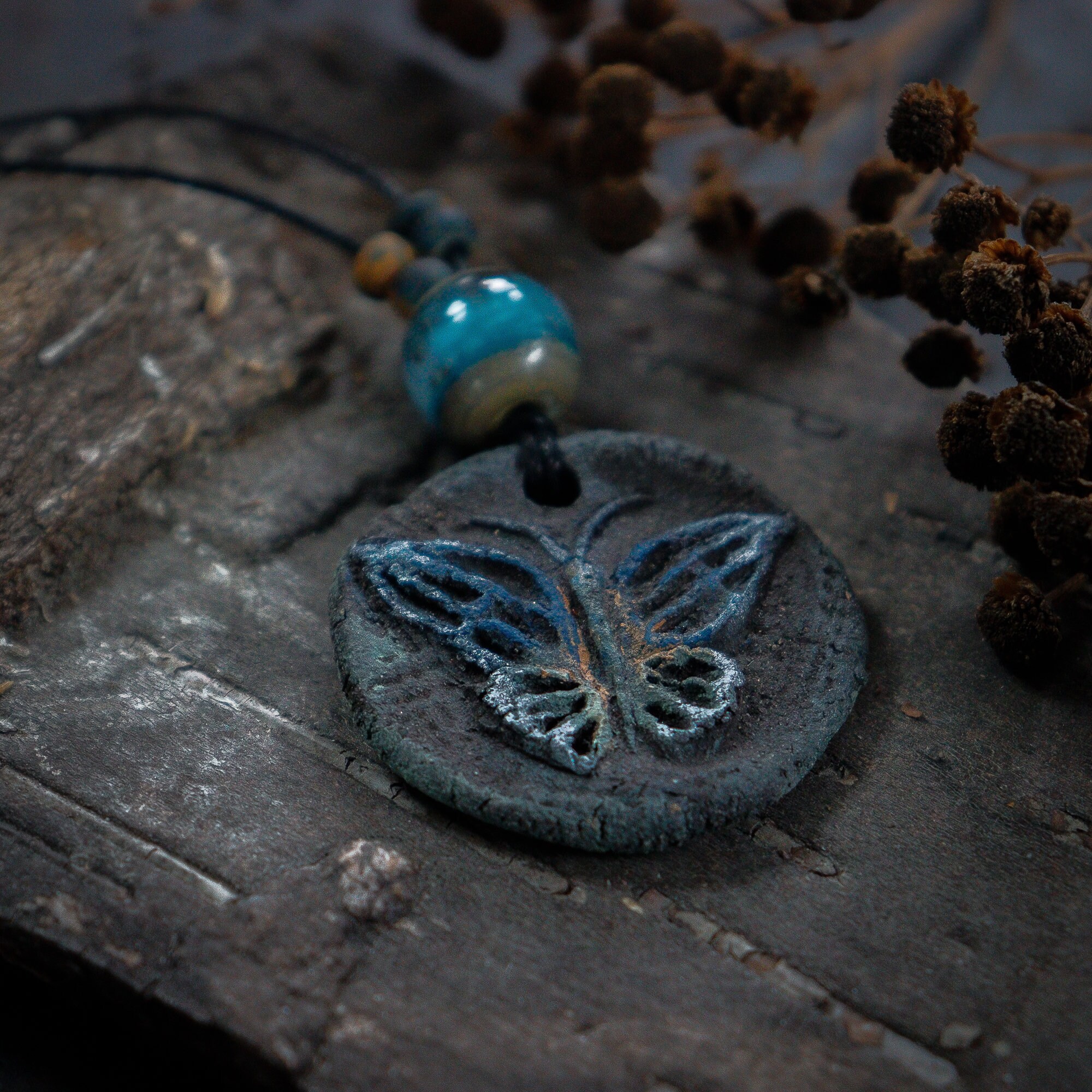 Black Clay Butterfly Necklace: Bohemian Spirit Animal Jewelry