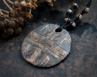 Rune necklace, runic inscription necklace, good luck amulet, good fortune pendant, rustic ceramic necklace, bohemian necklace