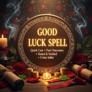 May include: A circular wooden sign with the words "GOOD LUCK SPELL" in gold lettering. The image includes candles, roses, scrolls, coins, and ribbons, with text stating "Quick Cast, Fast Outcomes, Tested & Verified, 5-Star Seller."