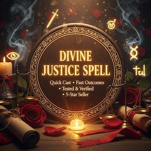 May include: A mystical image featuring a wooden sign with the words "DIVINE JUSTICE SPELL". The sign is surrounded by candles, scales, roses, scrolls, and ribbons. The text on the sign also includes "Quick Cast", "Fast Outcomes", "Tested & Verified", and "5-Star Seller".