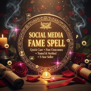 Könnte beinhalten: Eine mystische Szene mit einem Holzschild mit der Aufschrift "SOCIAL MEDIA FAME SPELL". Das Schild ist von Kerzen, Rosen, Schriftrollen und roten Bändern umgeben. Rauch wirbelt im Hintergrund, was eine dunkle Atmosphäre erzeugt.
