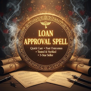 Puede incluir: Un letrero circular de madera con el texto "LOAN APPROVAL SPELL" en letras doradas. El letrero está decorado con filigranas doradas y un símbolo de llave y corazón. Debajo, dos documentos marcados "APPROVAL" y varios pergaminos enrollados.