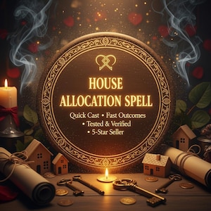 Puede incluir: Un letrero circular de madera con el texto "HOUSE ALLOCATION SPELL" en letras doradas, rodeado de elementos decorativos. La imagen incluye velas, llaves, casas en miniatura y pergaminos, con un tema místico.