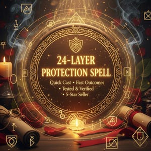 May include: An image featuring a circular design with the text "24-LAYER PROTECTION SPELL." The design includes candles, scrolls, and a shield emblem. The text also includes "Quick Cast, Fast Outcomes, Tested & Verified, 5-Star Seller."