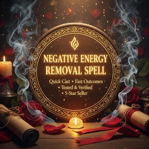May include: A circular wooden sign with the text "NEGATIVE ENERGY REMOVAL SPELL" is surrounded by decorative elements. The image includes candles, roses, scrolls, and smoke, creating a mystical atmosphere. The sign also includes the text "Quick Cast • Fast Outcomes • Tested & Verified • 5-Star Seller."