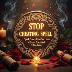 May include: A round wooden sign with the text "STOP CHEATING SPELL" in gold lettering, surrounded by ornate gold detailing. The image includes candles, roses, scrolls, and the text "Quick Cast, Fast Outcomes, Tested & Verified, 5-Star Seller."