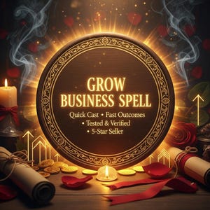 May include: A mystical image featuring a circular wooden sign with the words "GROW BUSINESS SPELL" in gold lettering. The sign is surrounded by candles, scrolls, coins, and rose petals. The text "Quick Cast, Fast Outcomes, Tested & Verified, 5-Star Seller" is also visible.