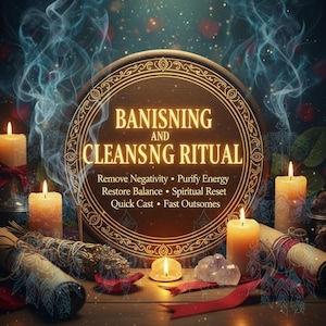 May include: An image featuring a wooden sign with the text "BANISHING AND CLEANSING RITUAL". The sign is surrounded by candles, scrolls, and crystals. The text on the sign also includes "Remove Negativity, Purify Energy, Restore Balance, Spiritual Reset, Quick Cast, Fast Outcomes".