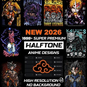 Puede incluir: Una colección de diseños con temática de anime con varios personajes y texto. La imagen incluye el texto "NEW 2026", "1000+ SUPER PREMIUM", "HALFTONE", "ANIME DESIGNS", "HIGH RESOLUTION PNG" y "NO BACKGROUND".