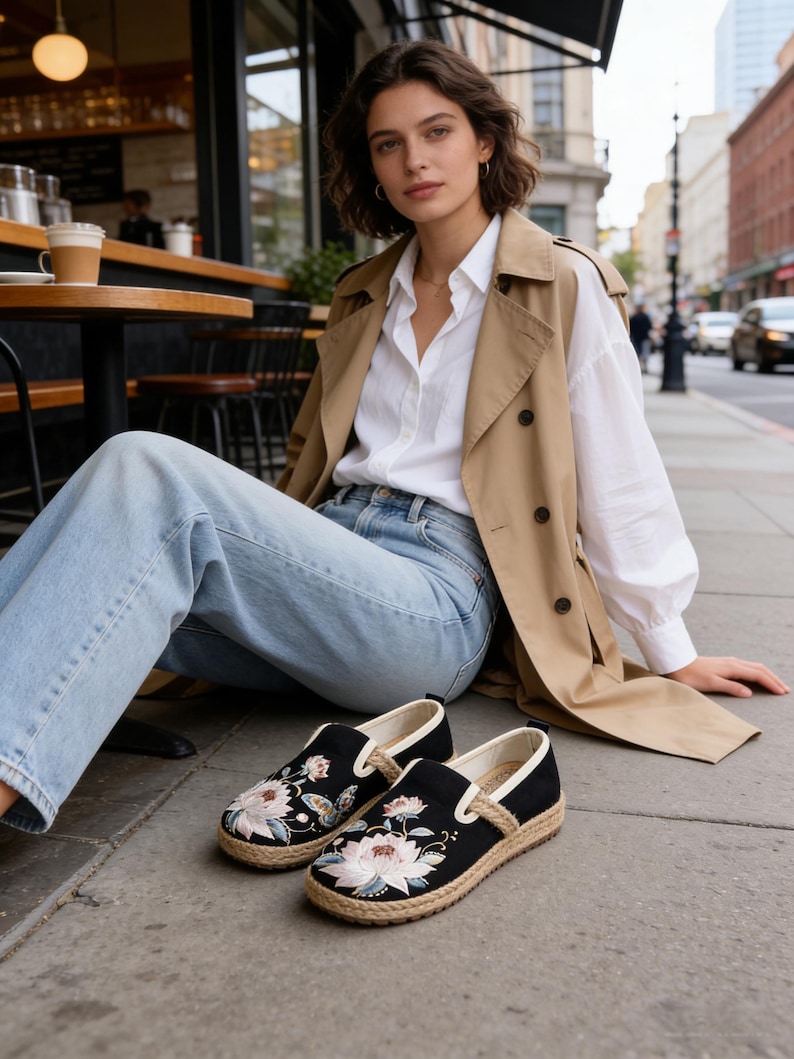 K&ouml;nnte beinhalten: Schwarze Espadrilles zum Hineinschl&uuml;pfen mit floraler Stickerei. Die Schuhe haben ein Obermaterial aus schwarzem Canvas, eine Sohle aus nat&uuml;rlichem Juteseil und eine wei&szlig;e Einfassung. Das florale Design zeigt rosa und wei&szlig;e Blumen mit gr&uuml;nen Bl&auml;ttern.