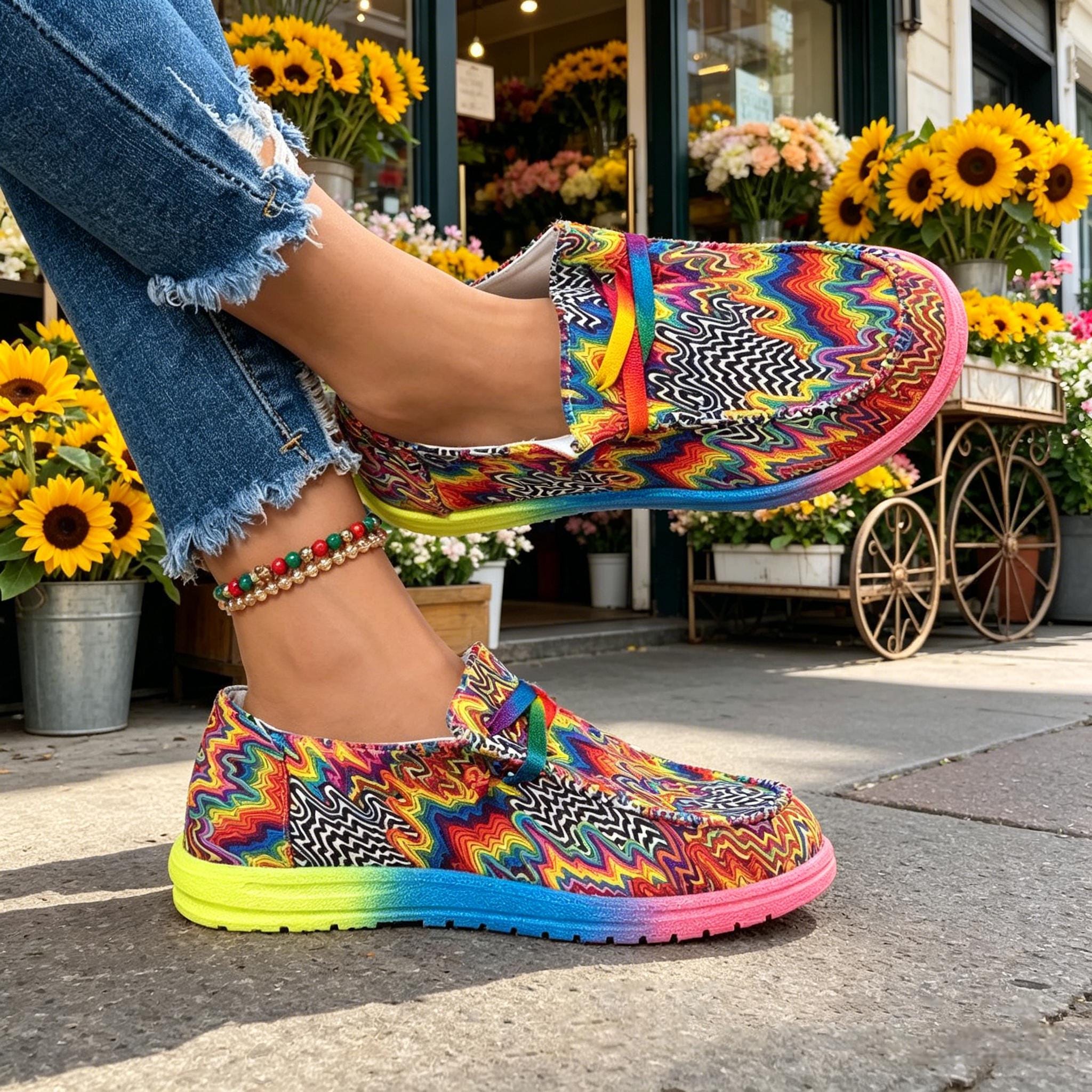 Rainbow Psychedelic Slip on Shoes Colorful Wavy Graffiti Flats