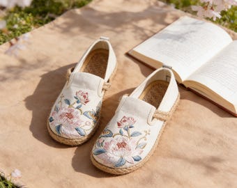 Bestickte Lotus Canvas Espadrilles für Damen, Retro Ethno Style Slip-On Schuhe für Frühling Sommer Herbst