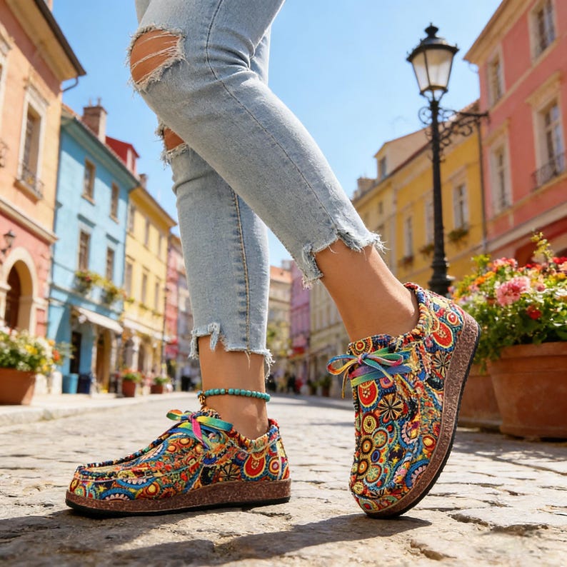 Colorful Bohemian Mandala Print Canvas Loafers for Women, Rainbow Lace Up Casual Shoes with Rubber Sole & Comfort Low Heel image 11