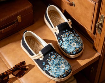 Zapatos planos vintage bordados con flores, estilo cottagecore, sin cordones, alpargatas bohemias de lona, calzado Fairycore, mocasines retro de punta redonda para mujer.